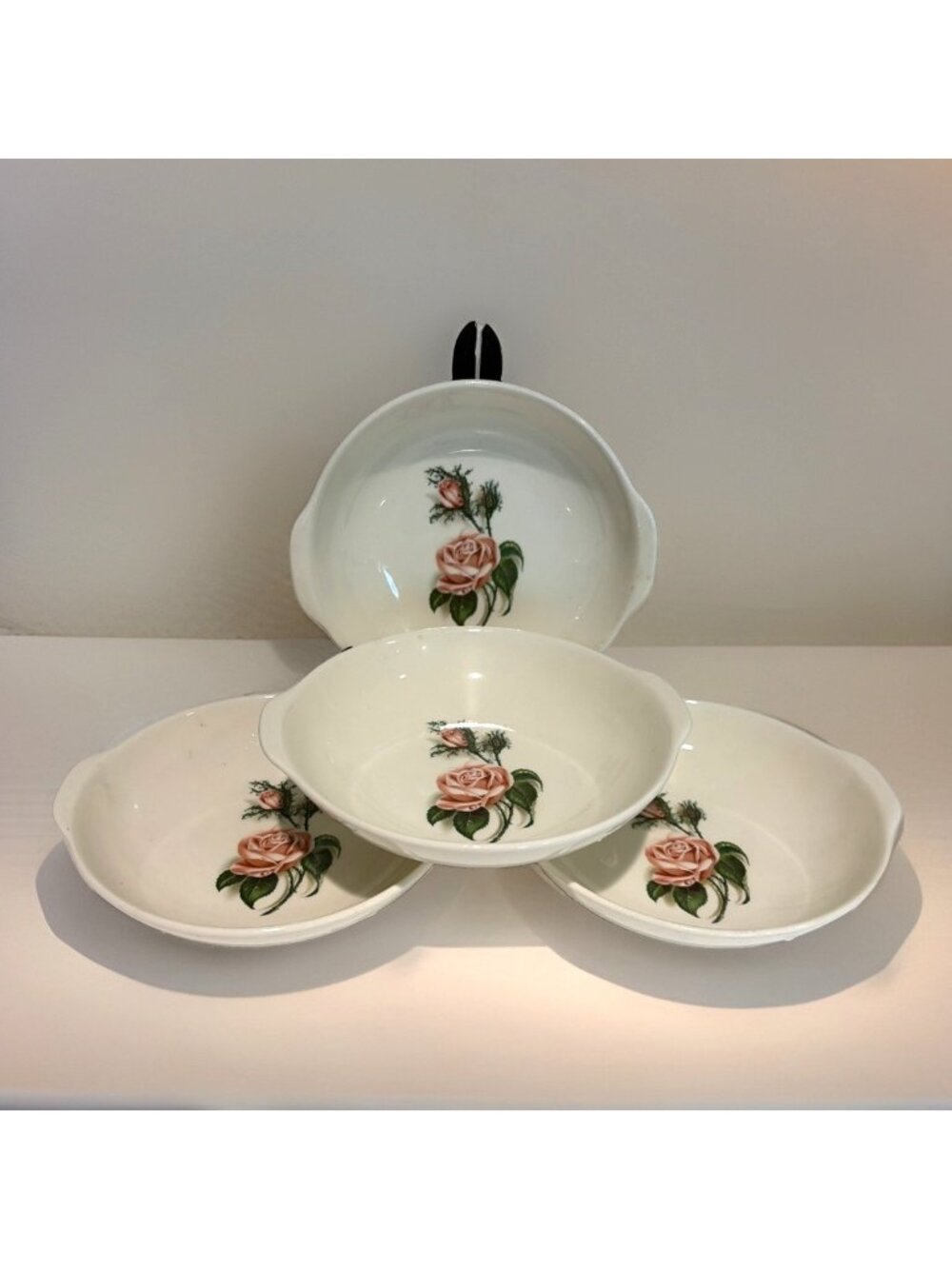 Vintage Universal Ballerina Moss Rose Soup Salad Bowl Handles 6.5" Set of 4